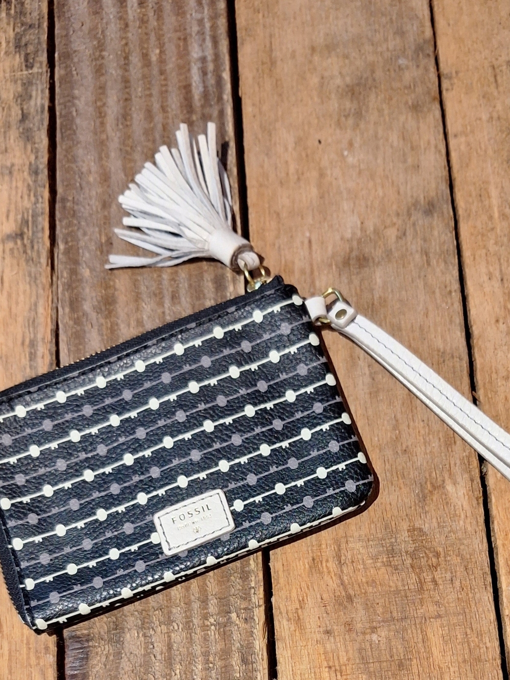 Fossil Brown and White Dot-Striped Wristlet with Tassel